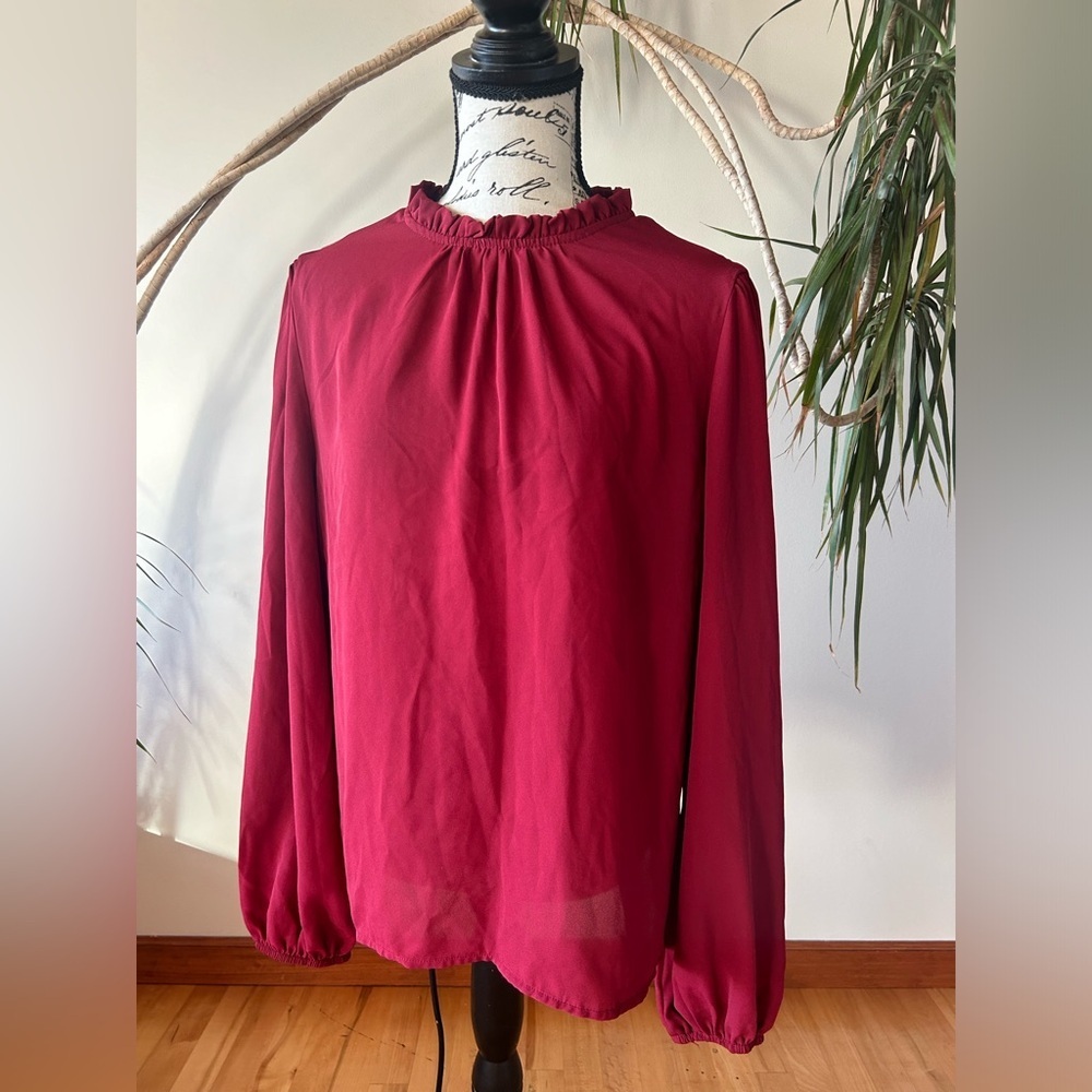 SHEIN. Size L sheer deep burgundy blouse with high neck and fitted cuffs